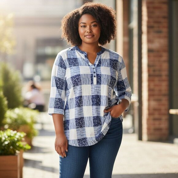 BUNDLE ONLY Blue White Top Plus Size 3XL XXX Checkered Plaid Blouse Shirt Button - Picture 7 of 7